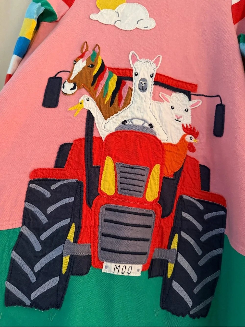 Mini Boden Girls Size 5-6 Farm Tractor Appliqué Dress Rainbow Long Sleeve